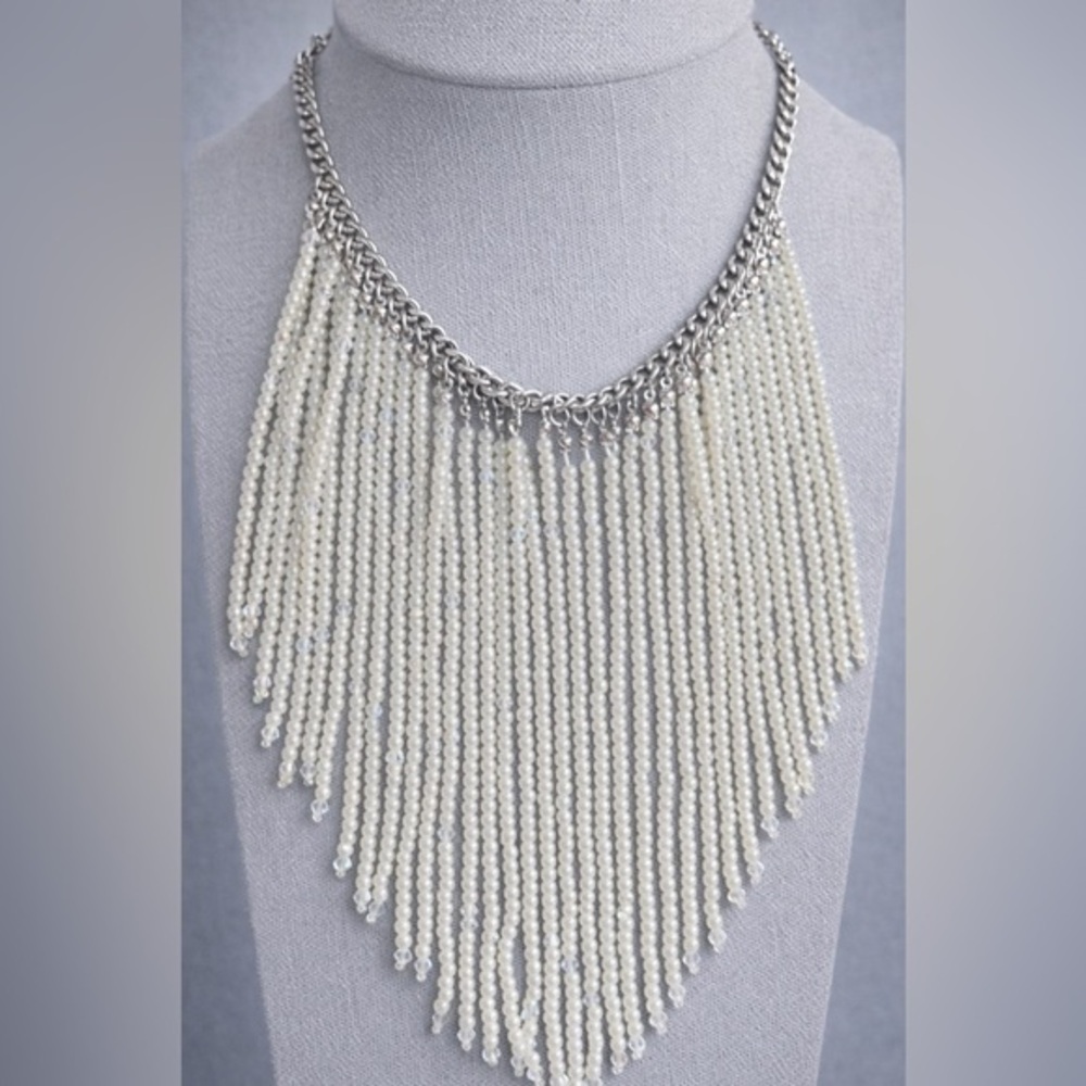 Premier Designs PEARLFECTION Faux Pearl Bib Silvertone Necklace 26” NWOT #518